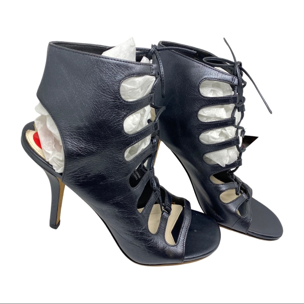 NWOT Via Spiga Leather Caged Lace Up Heels Steampunk Sexy Peep Toe Metallic